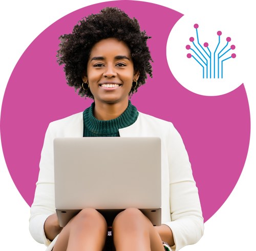 woman standing laptop with dot grid