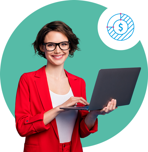 woman standing laptop with dot grid