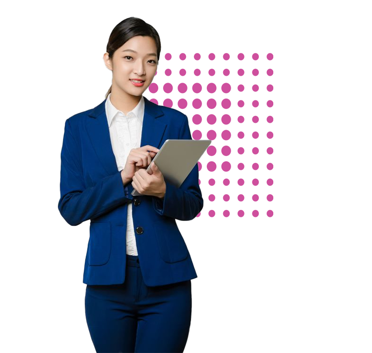 woman standing laptop with dot grid